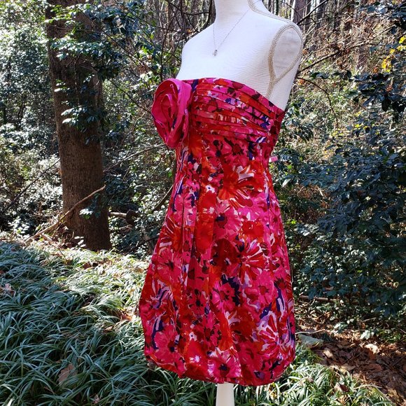 BCBG MAXAZRIA Begonia Bubble Hem Mini Dress in Bold Pink Floral Rose Size 12 New - Picture 6 of 10